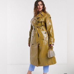 ASOS DESIGN Curve vinyl trench coat in khaki (Size 22)